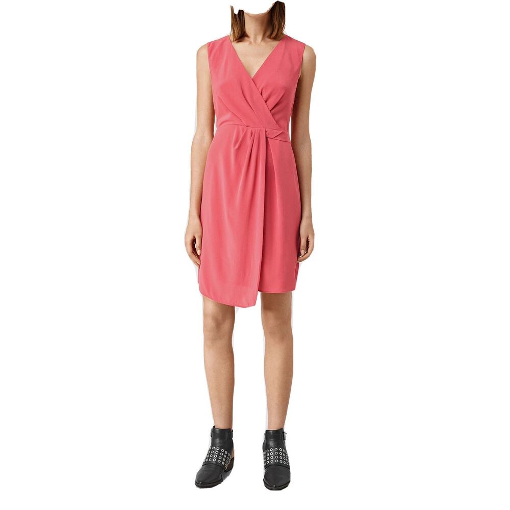 All Saints Silk Peak Dress Sorbet Pink Coral V-neck Sheath  US 0 UK 4